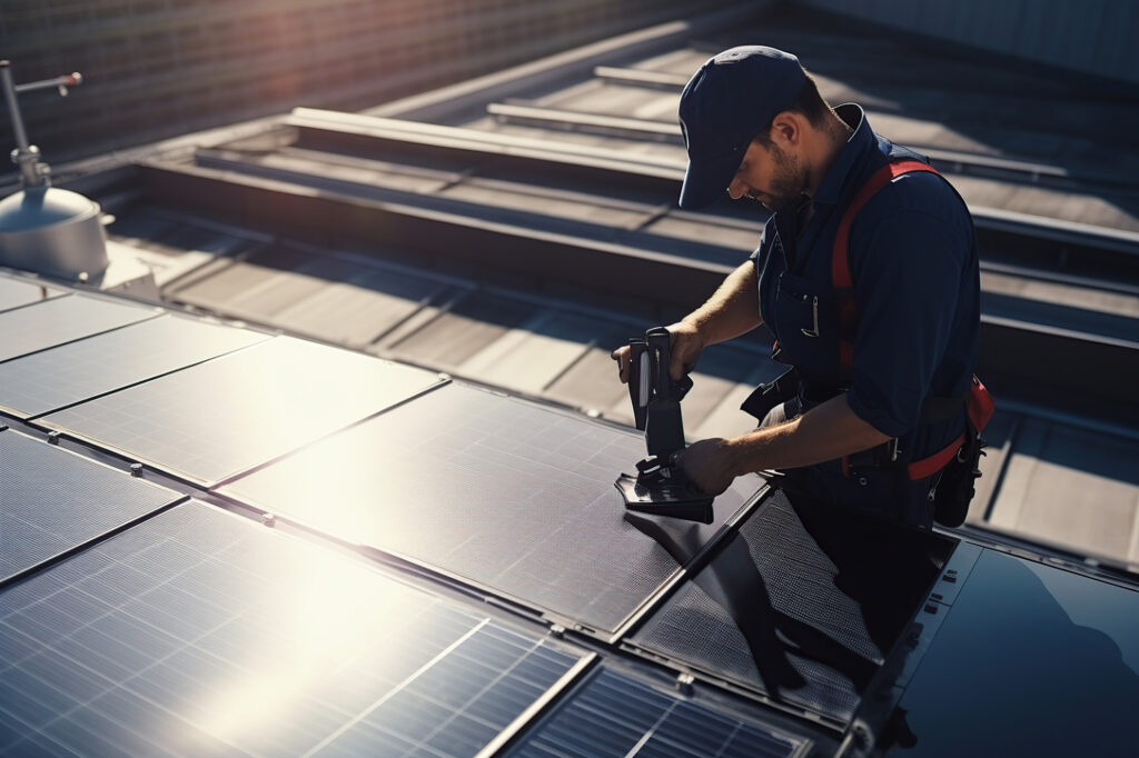 images that illustrate the working process of maintaining solar panels