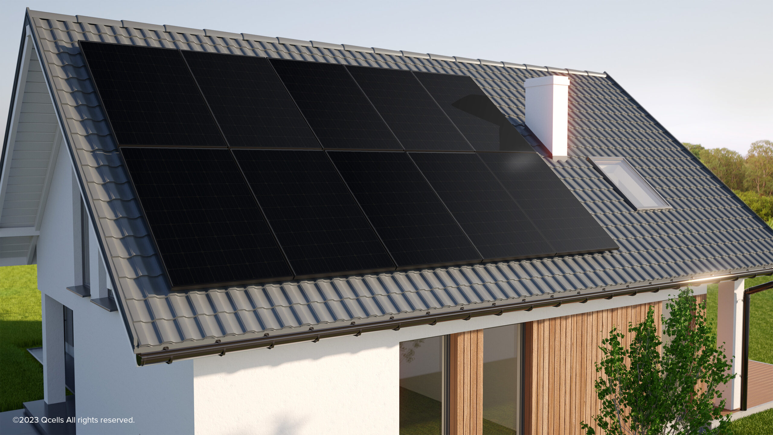 Solar panels on the roof or a residential home