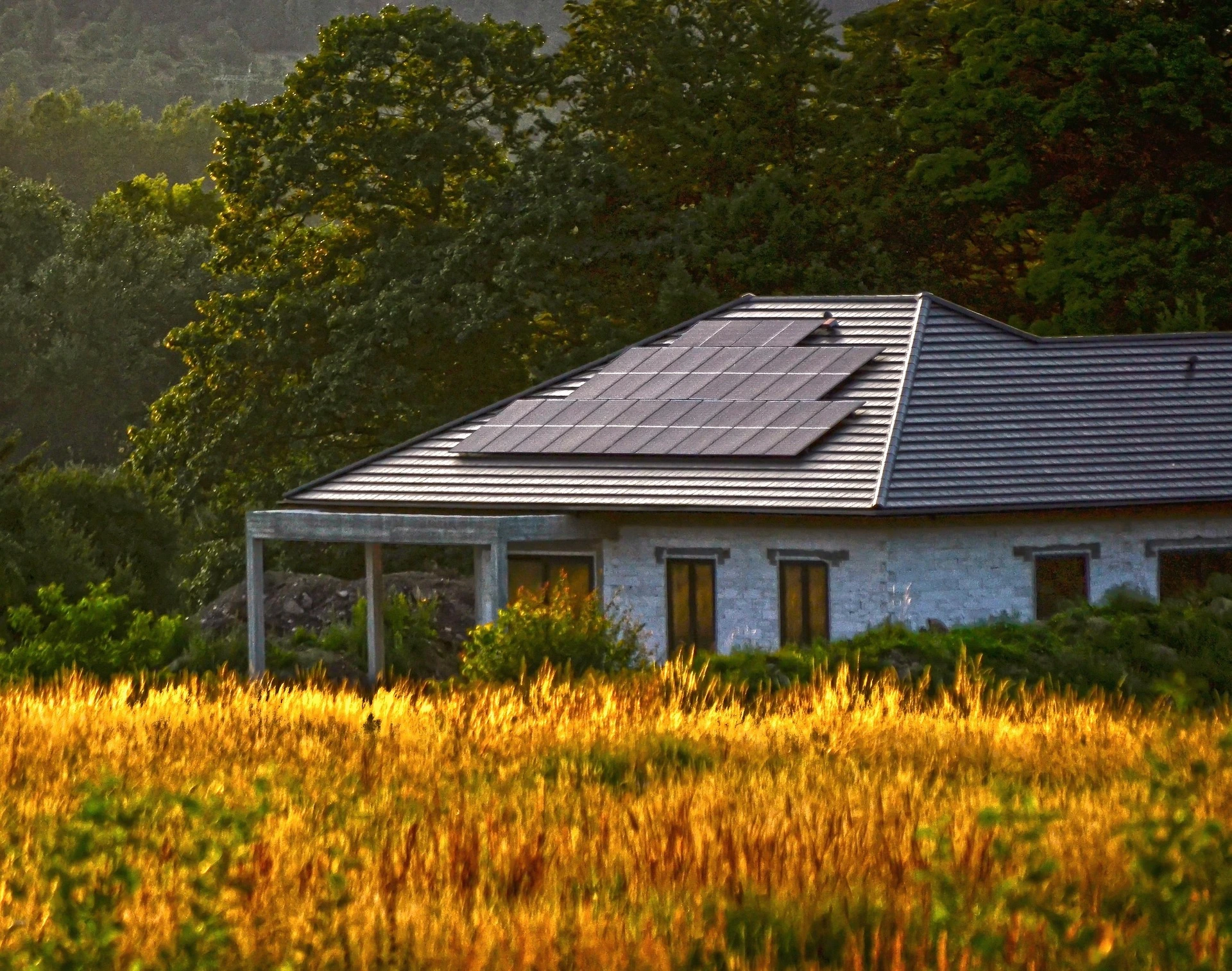 House with panels in a wheat field